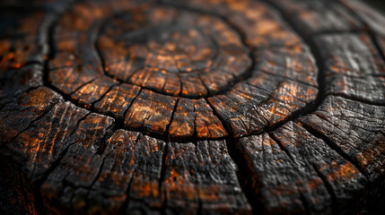 Wall Mural - A close up of a piece of wood with a burnt surface. AI.