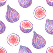 Hand drawn seamless pattern with purple violet ripe appetizing sweet fig fruits as summer food background.Bright tropical fruit isolated on white,design, wallpaper,textile, wrapping paper