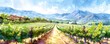 Pastel watercolor vineyard tour with a Christmas twist, minimal cartoon, picturesque summer day