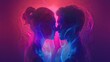 A neon-lit artwork showcasing the silhouette of a couple about to kiss