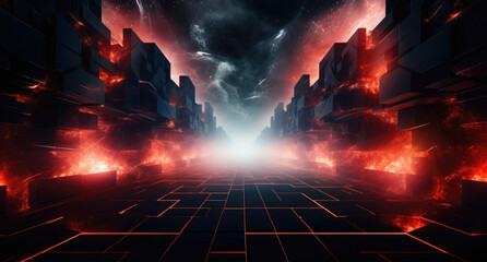 Wall Mural - Abstract landscape on a red background. Cyberspace grid. hi tech network. 3D illustration