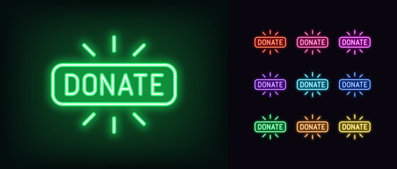 Poster - Outline neon donate icon set. Glowing neon donate button with rays. Donation in social media, online fundraise, give money gift, sponsor and support by donation, help and charity. Vector icon set