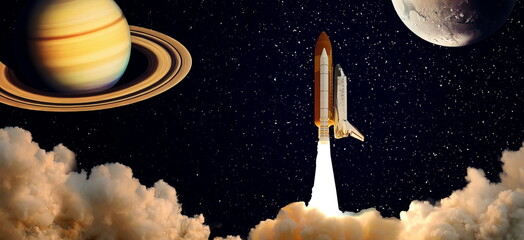 Wall Mural - dark space shuttle launch in the clouds with stars on background.spaceship flight. elements of this 