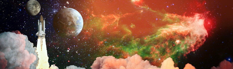 Wall Mural - dark space shuttle launch in the clouds with stars on background.spaceship flight. elements of this 