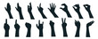Hand gestures silhouette mega set in flat graphic design. Collection elements of different expression human arm, open palm, heart shape, finger up, peace, rock, rude signs, fist. Vector illustration.