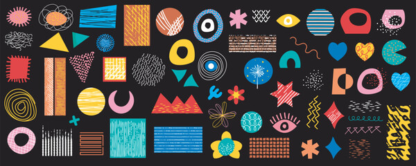 Retro geometric doodle shapes mega set in flat graphic design. Collection elements with abstract different types of spots, stars, moons, eyes, hearts, line texture, arrows, other. Vector illustration.