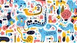 A Memphis pattern with a playful and whimsical theme, featuring cartoon-inspired characters, animals, and objects arranged in a chaotic but cohesive composition