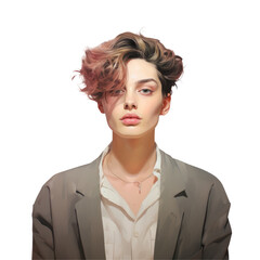 Wall Mural - Woman in jawlength hair donning grey blazer over white shirt on transparent