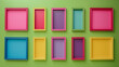 Nine small minimalist art gallery poster frame mockups in bright fuchsia, arranged in a three-by-three grid on a solid lime green wall, providing a playful --ar 169 --v 6.0 --s 250 - Image #3 @M Bilal