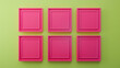 Nine small minimalist art gallery poster frame mockups in bright fuchsia, arranged in a three-by-three grid on a solid lime green wall, providing a playful --ar 169 --v 6.0 --s 250 - Image #1 @M Bilal