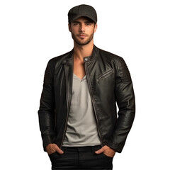 Wall Mural - The man with a beard is wearing a dress shirt with the collar peeking out from underneath his black leather jacket and a baseball cap on his head on transparent