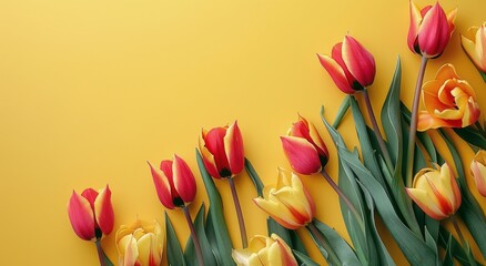 Row of red Tulips Against Yellow Background