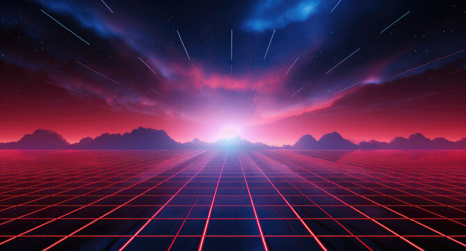 Red grid floor on a glow neon night red grid background, in the style of atmospheric clouds, concert poster, rollerwave, technological design, shaped canvas, smokey vaporwave background.