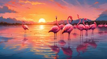 A Flock Of Flamingos Standing Gracefully In A Shallow Lake, Their Pink Feathers Reflecting The Vibrant Sunset