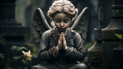   Stone cherub praying in graveyard Generate AI