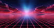 Red grid floor on a glow neon night red grid background, in the style of atmospheric clouds, concert poster, rollerwave, technological design, shaped canvas, smokey vaporwave background.