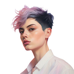 Wall Mural - a woman with short purple hair is wearing a white shirt on transparent