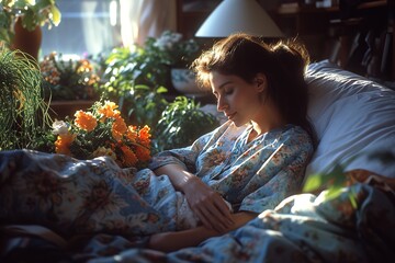 A dedicated hospice nurse tenderly adjusting the pillows of a terminally ill patient in a peaceful home setting