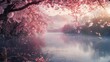 Enchanted cherry blossom trees by the lake at sunrise. Serene spring morning landscape for relaxation and nature themes.
