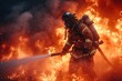 A fireman in full gear battling a blazing building fire with a powerful hose