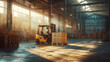 Forklift approaching wooden pallet with cardboard box in a bright warehouse