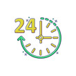 24 hours icon on white background. Twenty four hour symbol with round clock timer cartoon vector illustration