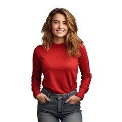 a woman wearing a red shirt and jeans is standing with her hands in her pockets . High quality on transparent