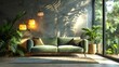 Modern lounge interior with a plush green sofa and stylish suspended lamps