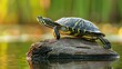 A lakeside red-eared slider turtle perched atop a floaty tree trunk