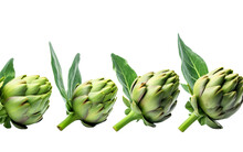 A Row Of Artichokes With Lush Green Leaves Displayed Elegantly Against A White Background