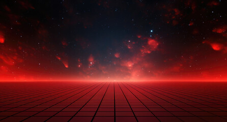 Wall Mural - Red grid floor line on a glow neon night red grid background, arcade game, music poster, outer space, concert poster, rollerwave, technological design, shaped canvas, smokey cloud vaporwave background