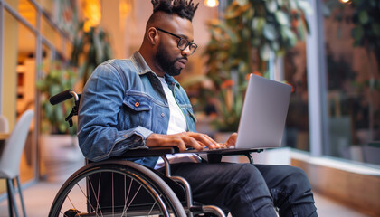 man on a  wheelchair using a laptop