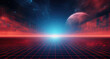 Red grid floor line on a glow neon night red grid background, arcade game, music poster, outer space, concert poster, rollerwave, technological design, shaped canvas, smokey cloud vaporwave background