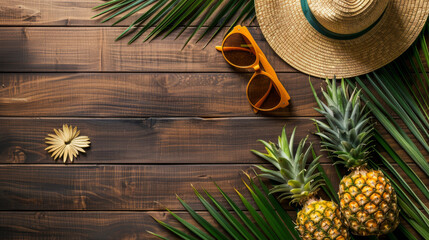 Captured from above, a charming arrangement featuring a straw hat, chic sunglasses, a ripe pineapple, and verdant palm leaves adorns a wooden table with a textured wood background.