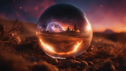 Wall Mural - sunrise over the earth highly intricately photograph of Halloween wallpaper, demon coming out from the soil inside a crystal ball