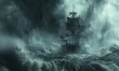 Skeletal pirate ship in a storm