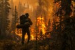 a hiker seen from back looking to a fire in the forest