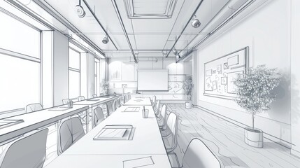 Wall Mural - A drawing of a conference room with tables and chairs. Suitable for business presentations