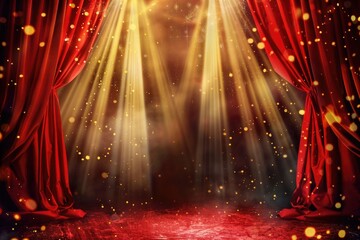 Poster - A stage with a red curtain and bright lights. Perfect for theater and entertainment concepts