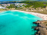 Fototapeta  - Areal drone view of Arenal de Son Saura beach at Menorca island, Spain