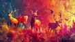Artistic low poly background featuring geometric animals in vibrant ecosystem