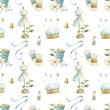 Seamless pattern of watercolor elements on the themes of sewing and embroidery. All elements are painted in watercolor: scissors, threads, pins, ribbons, spools, fabric, dress, beads, floss and more