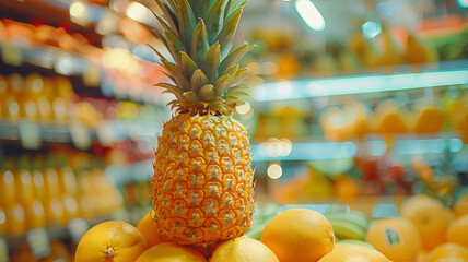 A pineapple on a market stand.