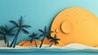 Wallpaper background of a blue sea and tree coconut logo and yellow sun , palette color , Generate AI