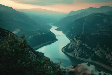 Sticker - Scenic view of a river and mountains from a cliff. Ideal for travel brochures