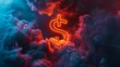 A dramatic 3D animation depicts a neon-lit dollar sign emerging from dark, swirling smoke, symbolizing financial power, wealth, and possibly the volatility of the economy