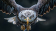 Close-up macro photograph, eagle descending with precision, intense focus in its eyes, against the dark backdrop. 