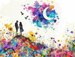 Young couple in love under full moon,