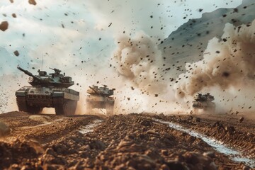 Wall Mural - Military tanks convoy driving on dirt road, suitable for war or army themed designs