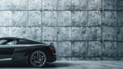 Wall Mural - Modern black sports car parked in front of a concrete wall, suitable for automotive and urban design concepts